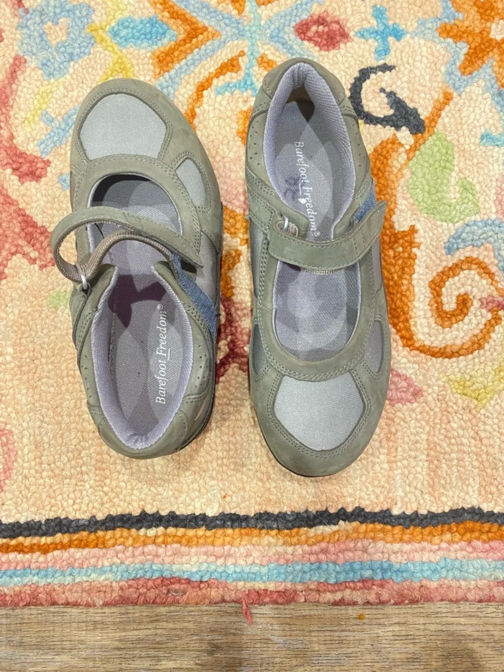 Barefoot Freedom Mary Jane Comfort Shoes Gray Leather Fabric Hook & Loop 9W - Picture 3 of 11